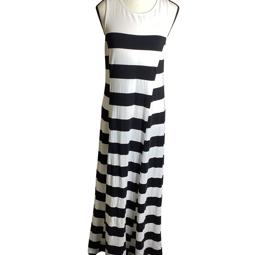 DKNY Women's Black White Striped Sleeveless Maxi Tank Dress Large Cotton Stretch
